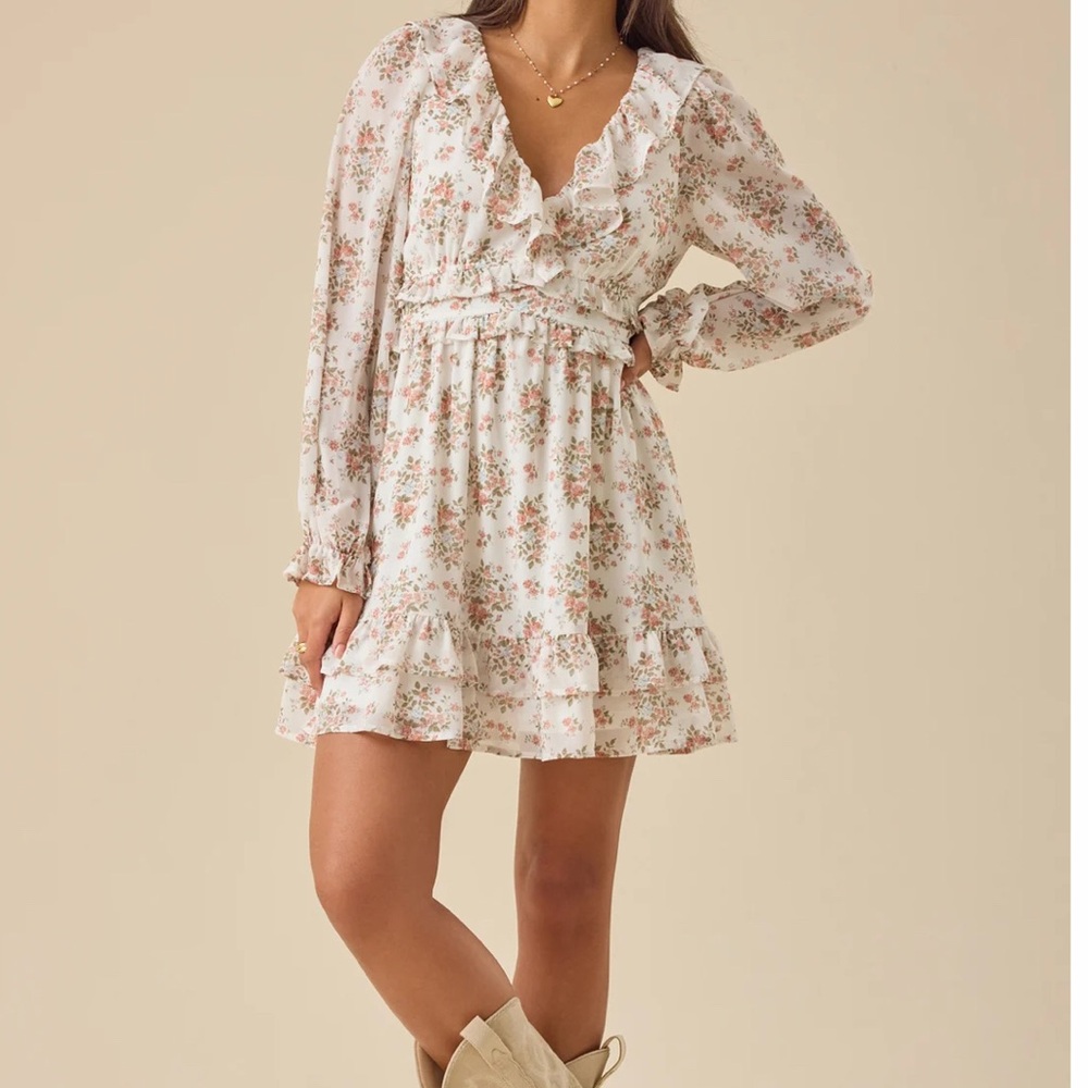 Altar'd State Cream Floral Ruffle Midi Dress